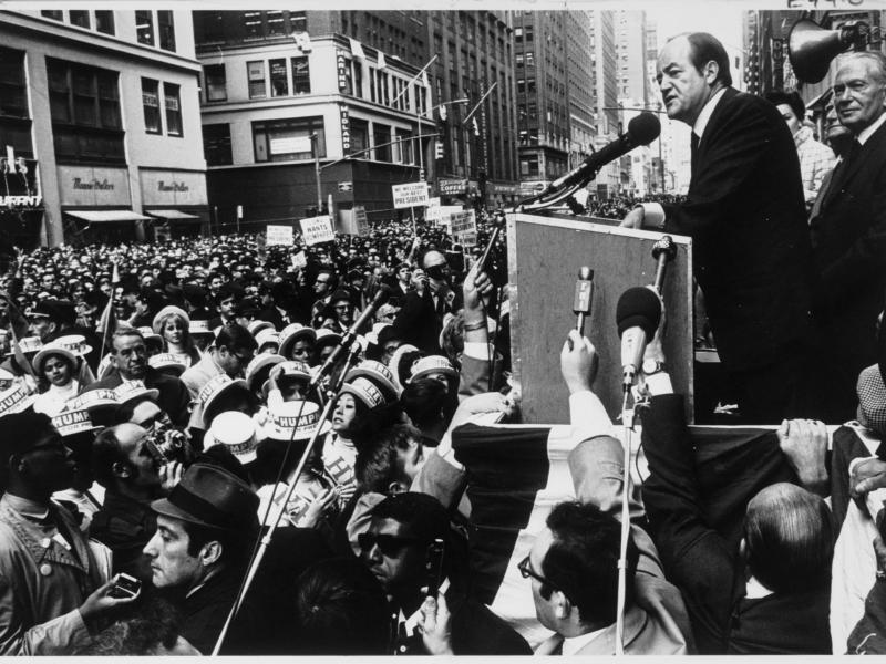 Hubert Humphrey addresses crowd in 1968