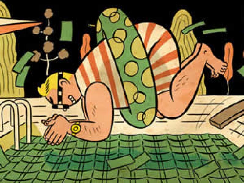 Cartoon of rich man diving into pool of money